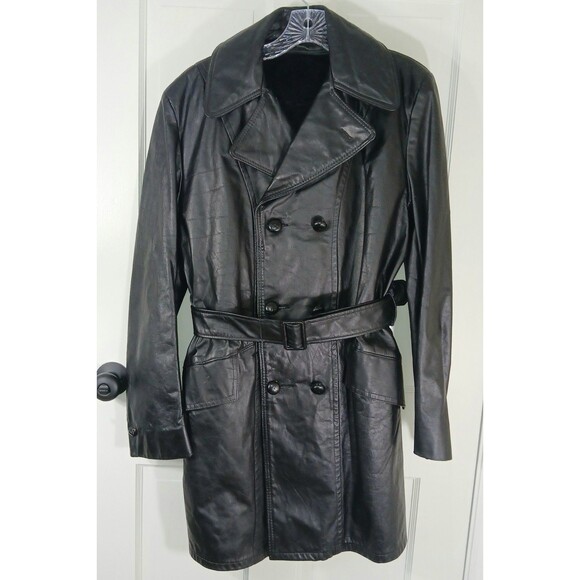 Vintage Mens Sz S Black Leather Trench Coat Removable Faux Fur Lining Old Money - Picture 2 of 16